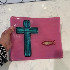 Vintage pink fused glass plate teal-colored cross a red fish symbol handmade 80s
